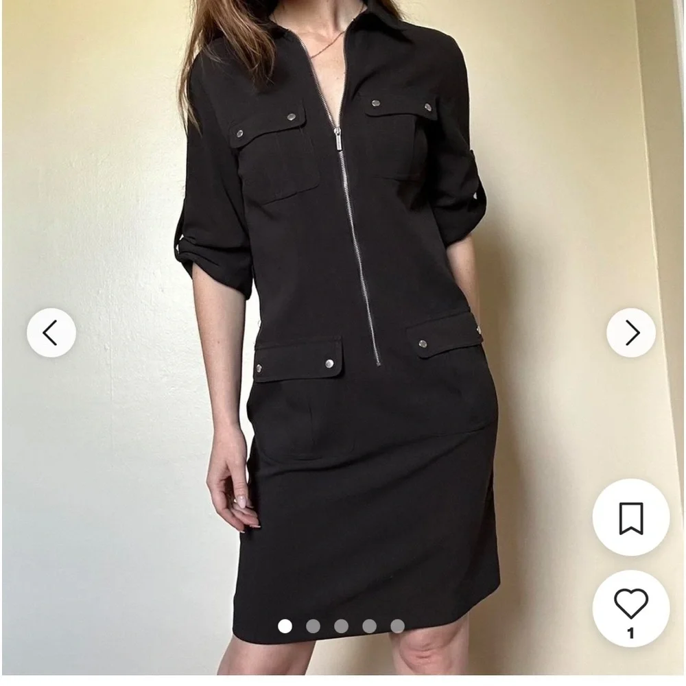 Michael Kors Half Zip Shirt Dress, Black, Size medium